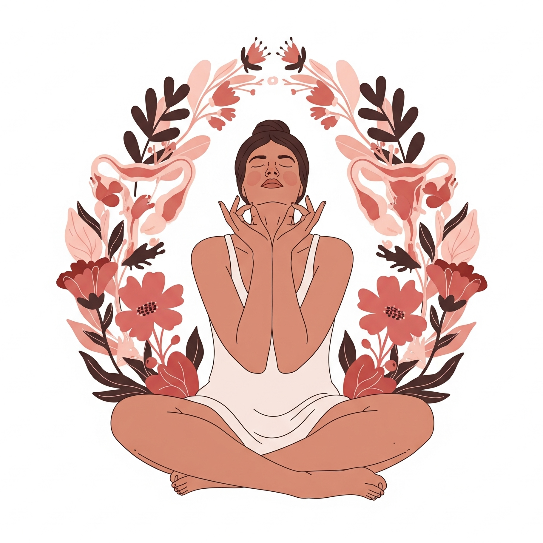Ilustração de mulher em autocuidado cercada por flores, símbolo da saúde feminina
